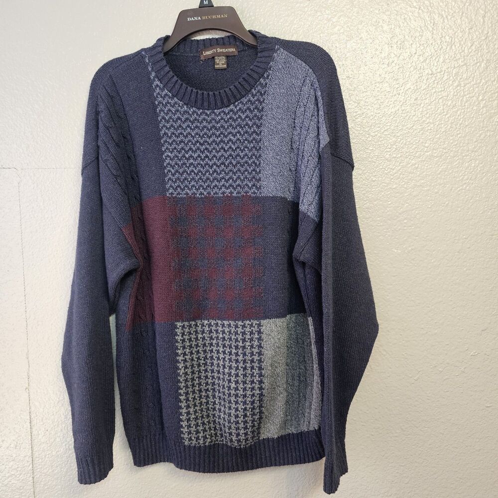 VTG Liberty Sweaters Colorblock Pattern Adult XL Navy Cotton Knit Old Money Z002